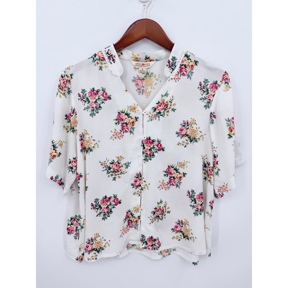 April Cornell Estella Floral Blouse Rayon Lace Collar Boho Medium CottageCore - Picture 3 of 9